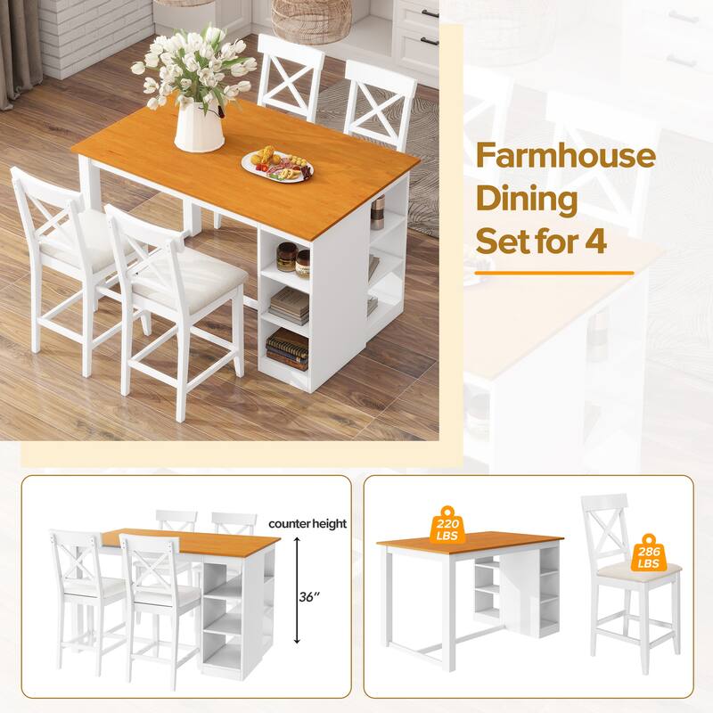 5-Piece Counter Height Wooden Bar Table Set with 3-Tier Storage Shelves & 4 Cross-Back Chairs, Rustic Farmhouse Dining Set for 4