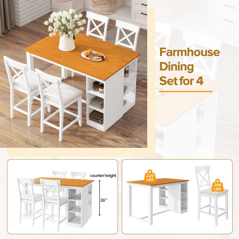 60"x30" Solid Wood Farmhouse 5-Piece Dining Set with Storage Shelves & Counter-Height Table, 4 Upholstered Chairs