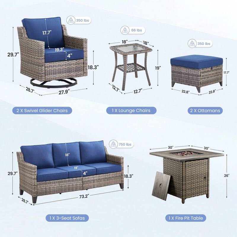 Pocassy Outdoor Swivel Chair with Sofa with Fire Pit Table