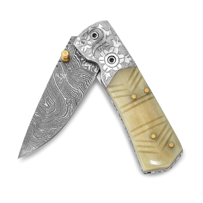 Curata Damascus Steel 256 Layer Folding Carved Camel Bone Handle Knife Leather Sheath Wooden Gift Box