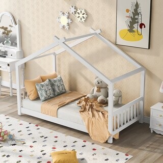 Twin Size House Platform Bed with Roof Design, Pine Wood Frame, Open Concept with Headboard & Footboard for Kids Room, White