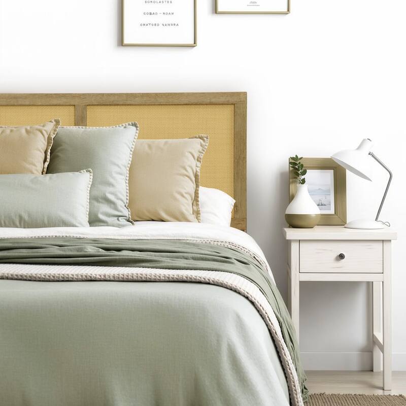 Natural Finish Rubberwood with Rattan Panels Headboard, King or Queen (Headboard Only)