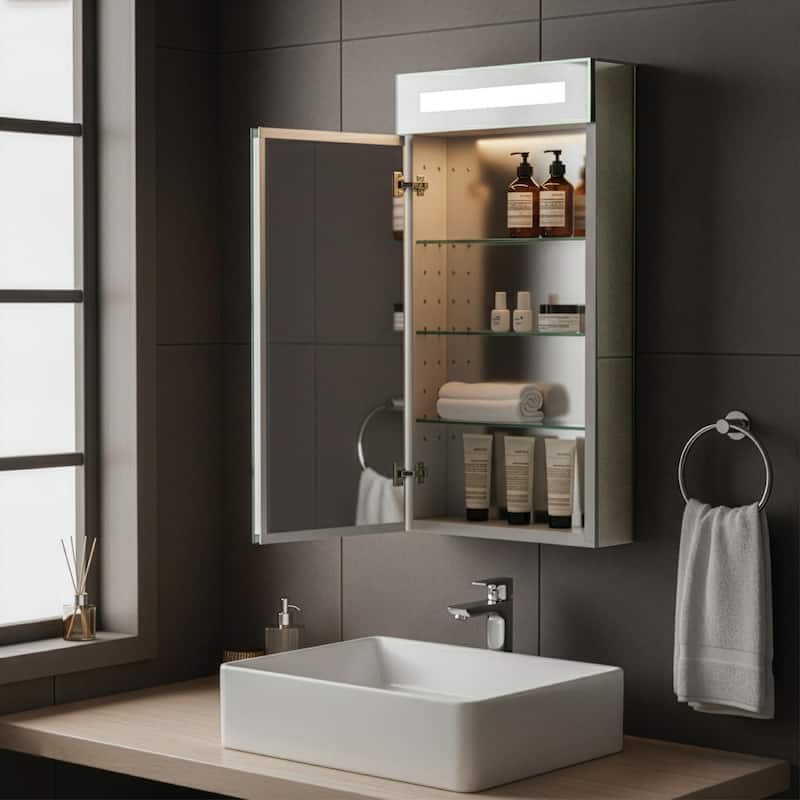 Bathroom Medicine Cabinet, Aluminum, Recessed/Surface Mount, Mirrored Interior w/LED