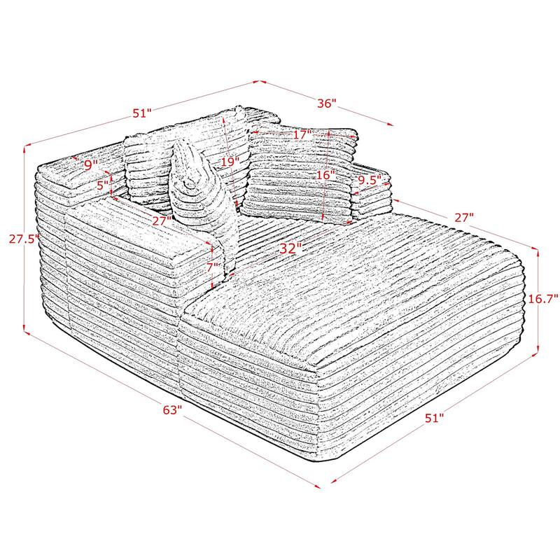 Roomfitters Living Room Compressed Chaise Lounge Foam Sofa Bed, Fluffy Corduroy Upholstered Cloud Couch with Deep Seat