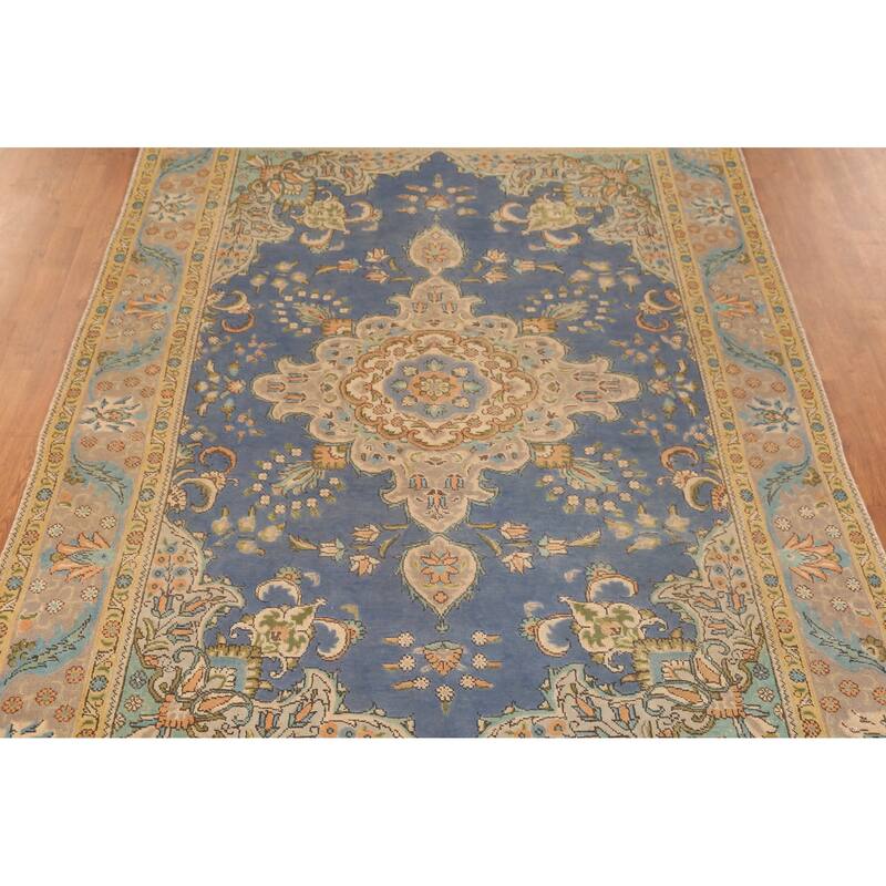 Hand Knotted Oriental 100% Wool Carpet Traditional Floral Navy Blue & Blues Tabriz Area Rug - 9' 10'' X 6' 7''
