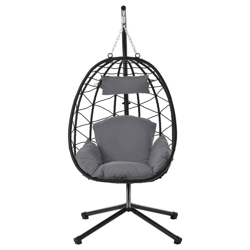 Rattan Metal Hanging Chair with Stand and 350lb Capacity, Includes Waterproof Cushion