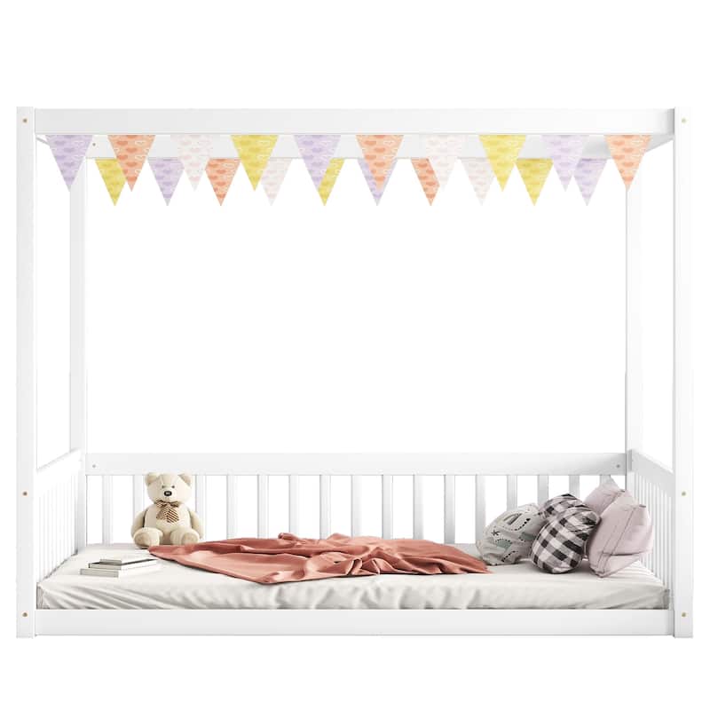 Full Canopy Frame Floor Bed with Safety Guardrails, Sturdy Pine Wood Design for Kids & Teens