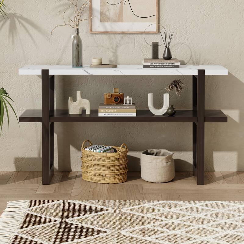 Elegant Console Table with Marble-Effect Top and Versatile Storage Solutions for Entryway and Living Room