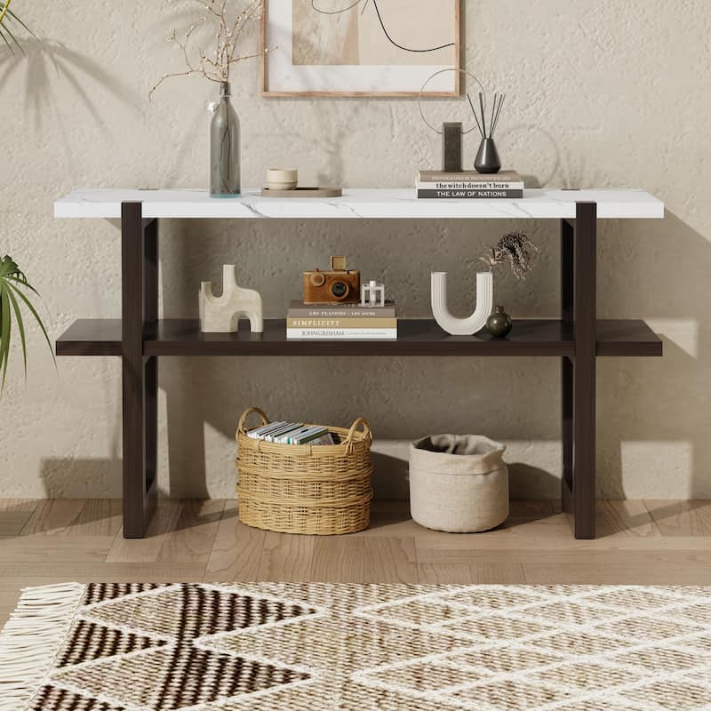 Retro Narrow Console Table with Open Shelf - Espresso