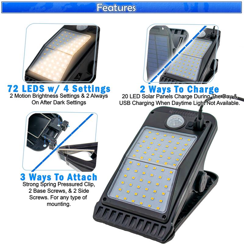 Solar Clip On 72 LED Outdoor Lights Motion Sensor Spotlight Flood Lights 4 Modes - Black