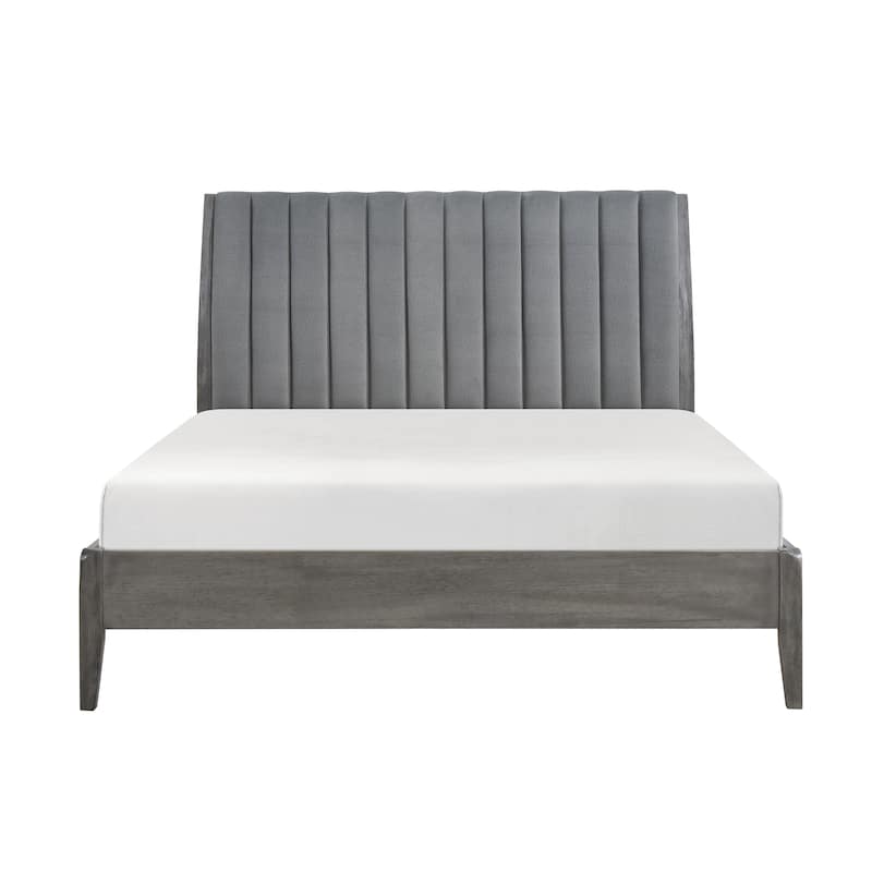 Eastern King Platform Bed with Velvet Upholstered Headboard and Solid Wood Legs