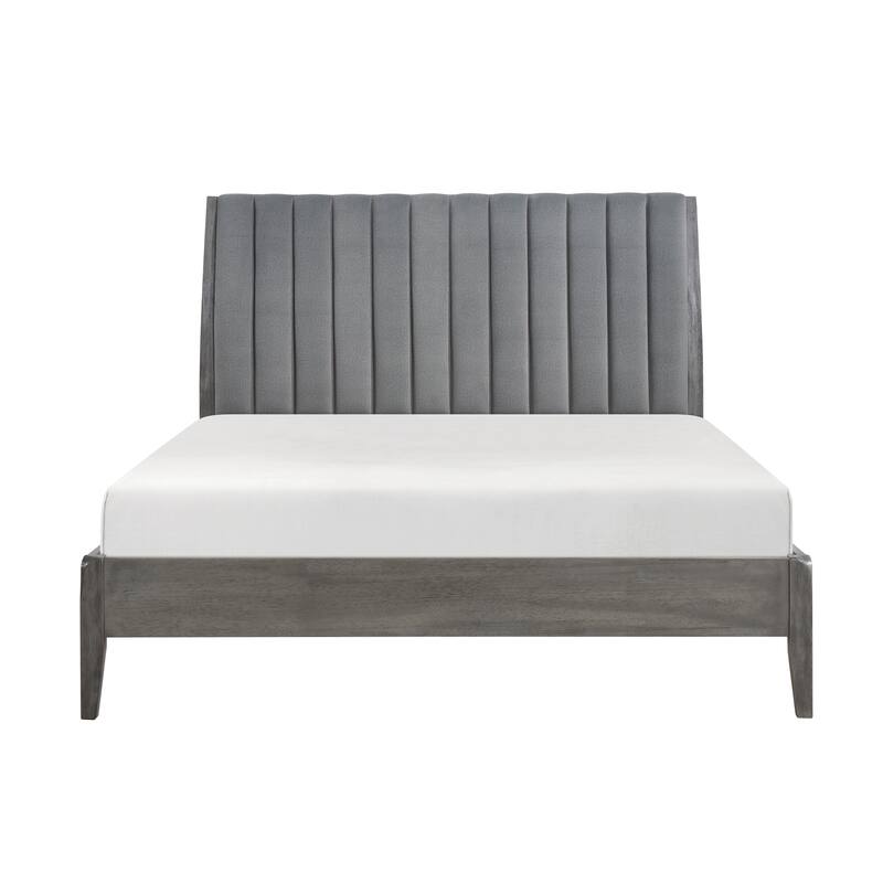 Queen Platform Bed with Velvet Upholstered Headboard, Gray Finish & Solid Wood Legs - Bed in a Box