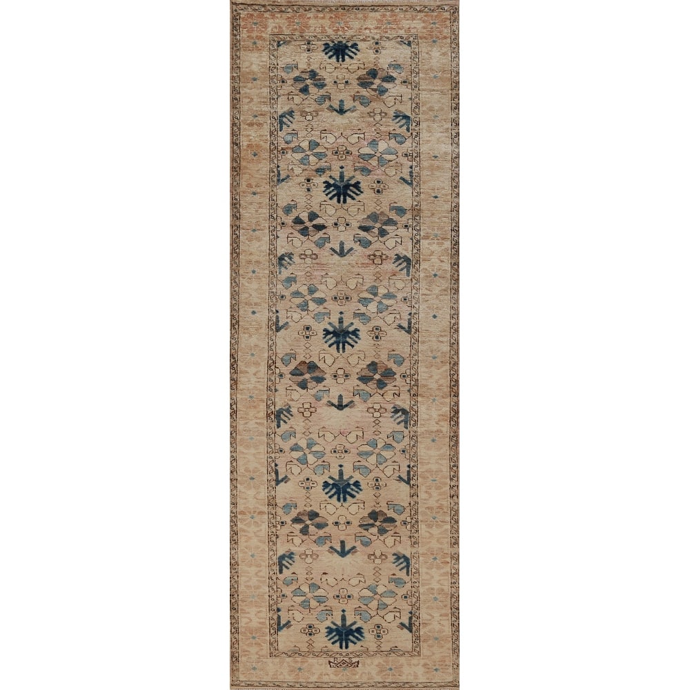Hand Knotted Oriental 100% Wool Carpet Transitional All-Over Beige & Ivories Oushak Runner Rug - 9' 9'' X 2' 8''