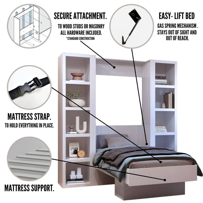 Easy-Lift Twin Murphy Wall Bed with Two Bookshelves