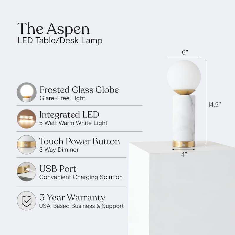 Brightech Aspen 14.5 in. White Mid-Century Modern Integrated LED Bedside Table Lamp with Built-In 3-Way Dimmer