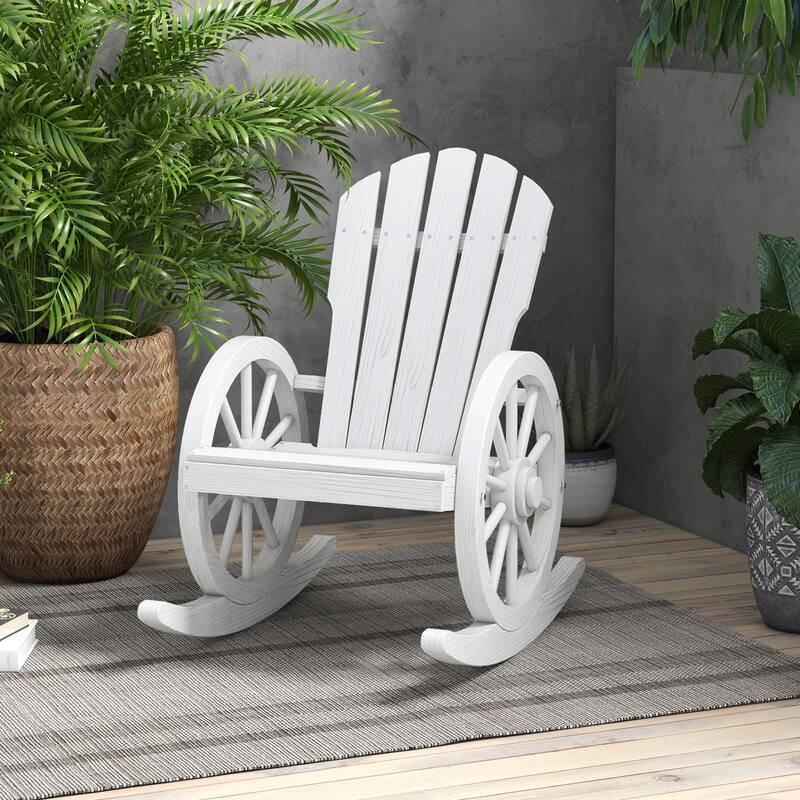 Outdoor Wooden Adirondack Rocking Chair with Wagon Wheel Armrest, Slatted Design and Oversized Back