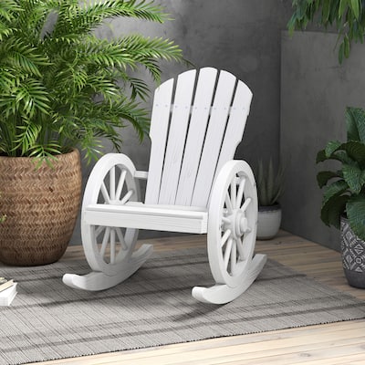 Outdoor Wooden Adirondack Rocking Chair with Wagon Wheel Armrest, Slatted Design and Oversized Back