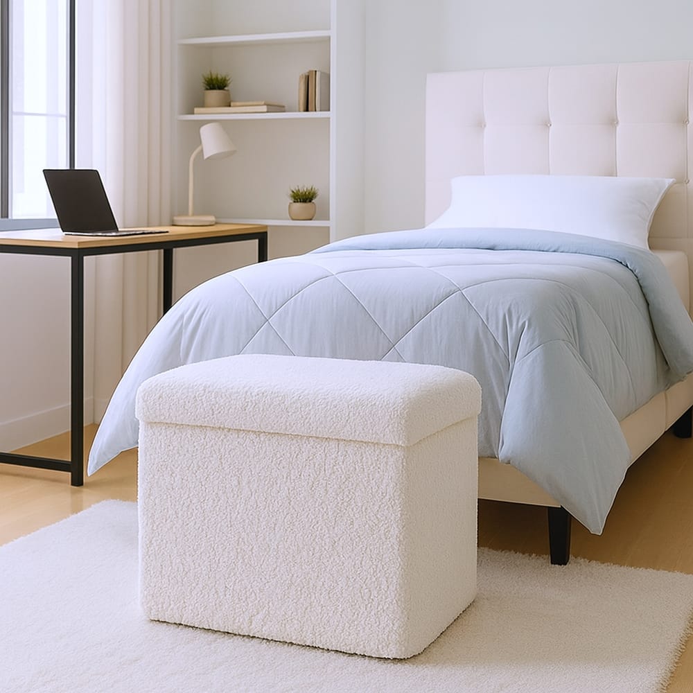 HomeRoots 15" White Boucle Cube Storage Ottoman