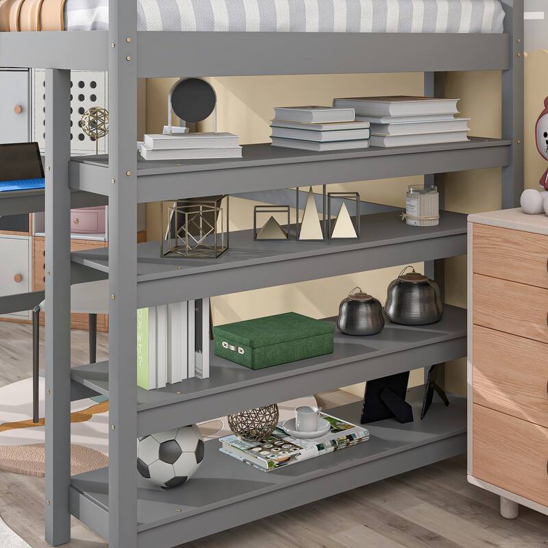 Loft Bed Full with Storage Desk Ladder and Shelves White