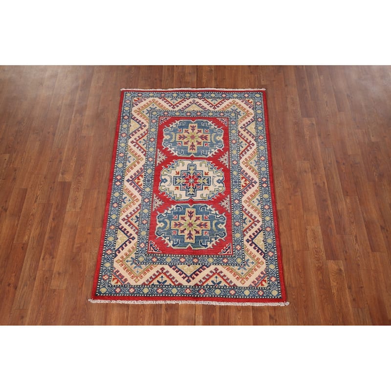 Geometric Kazak Accent Rug Hand-Knotted Red Wool Carpet - 3'3" x 4'9"
