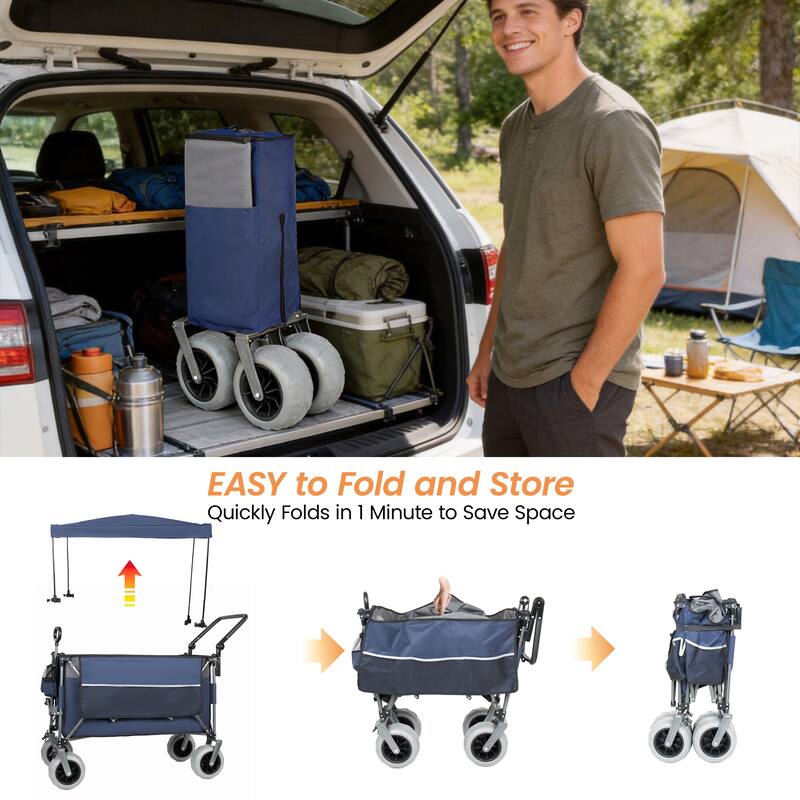 Multi-Functional Push-Pull Folding Wagon Cart with Rotating Handle & Canopy, 9"x4" Beach Tires, 300L Large Capacity