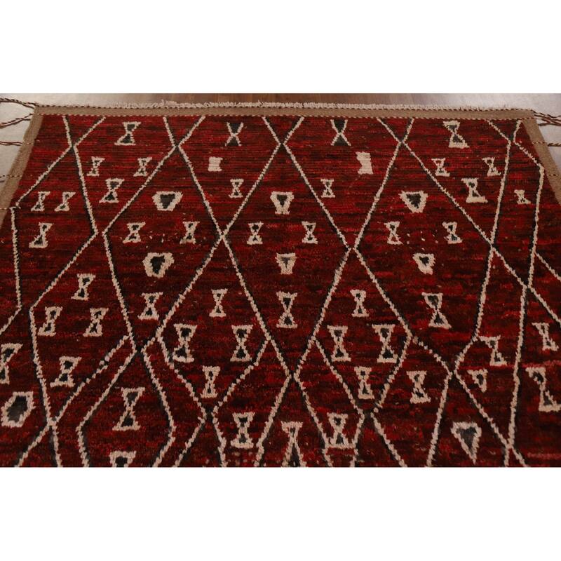 Hand Knotted Oriental 100% Wool Carpet Tribal Trellis Red Moroccan Area Rug - 8' 3'' X 5' 7''