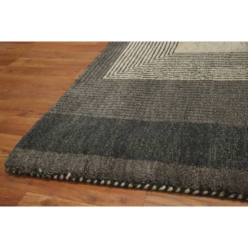 Hand Knotted Oriental 100% Wool Carpet Modern Geometric Greys & Charcoal Gabbeh Area Rug - 6' 7'' X 5' 1''