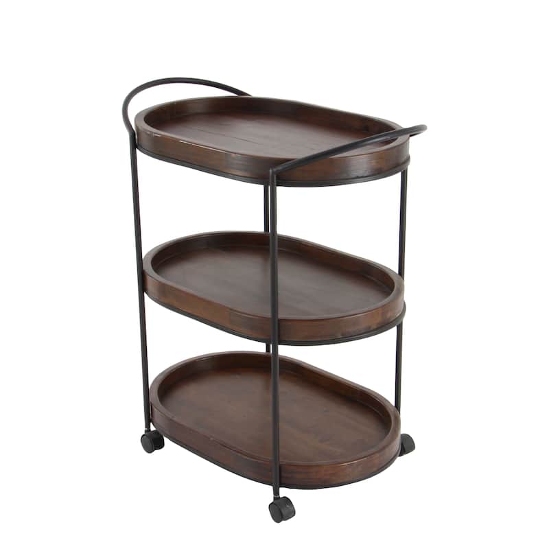 Wood Rolling Oval 3 Shelf Bar Cart with Black Metal Frame - Brown - Roche River Decor - 16"W x 25"L x 30"H