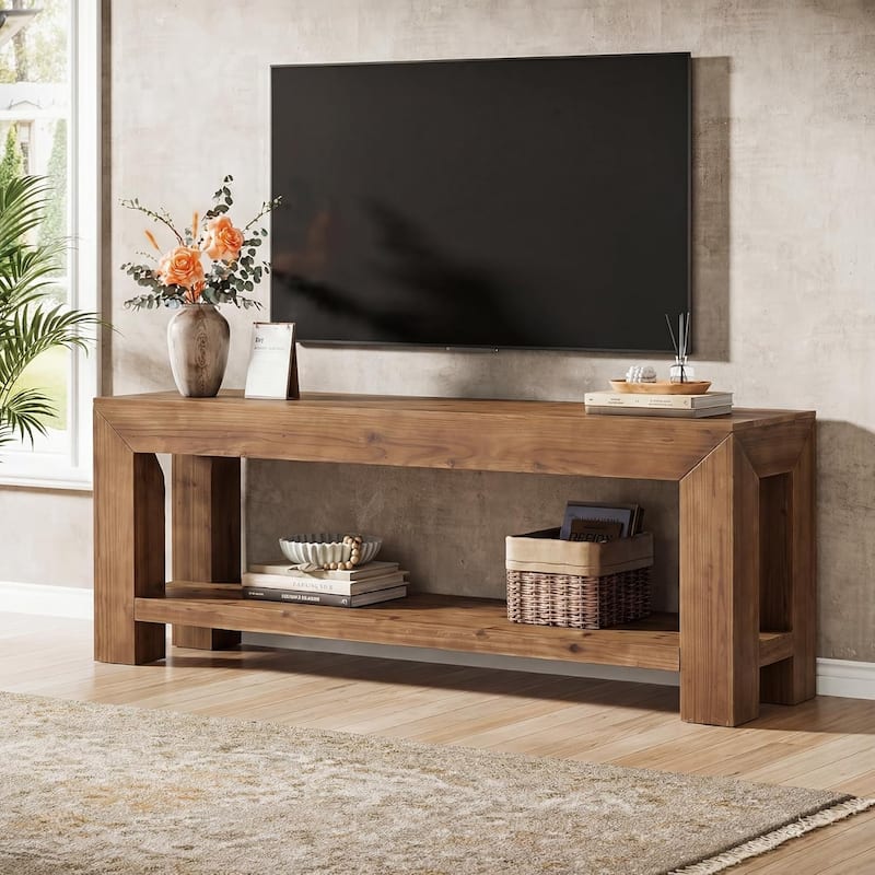 63" Solid Wood TV Stand for TVs up to 75'', TV Media Console Entertainment Center with Open Storage Shelves - Brown