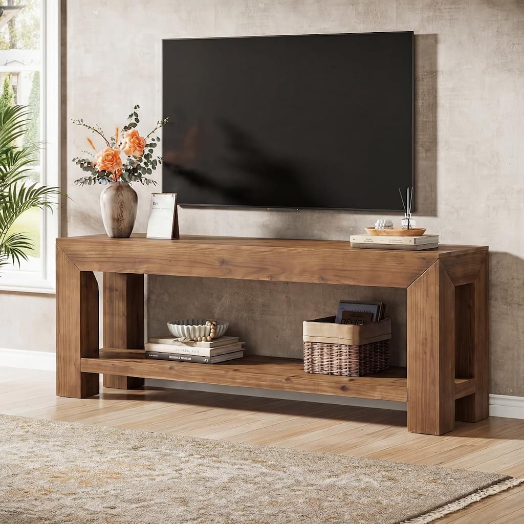 63" Solid Wood TV Stand for TVs up to 75'', TV Media Console Entertainment Center with Open Storage Shelves
