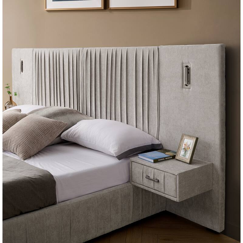 Chenille Upholstered Pleated Platform Bed Frame Wingback Headboard with Side Tables and Adjustable Lamps