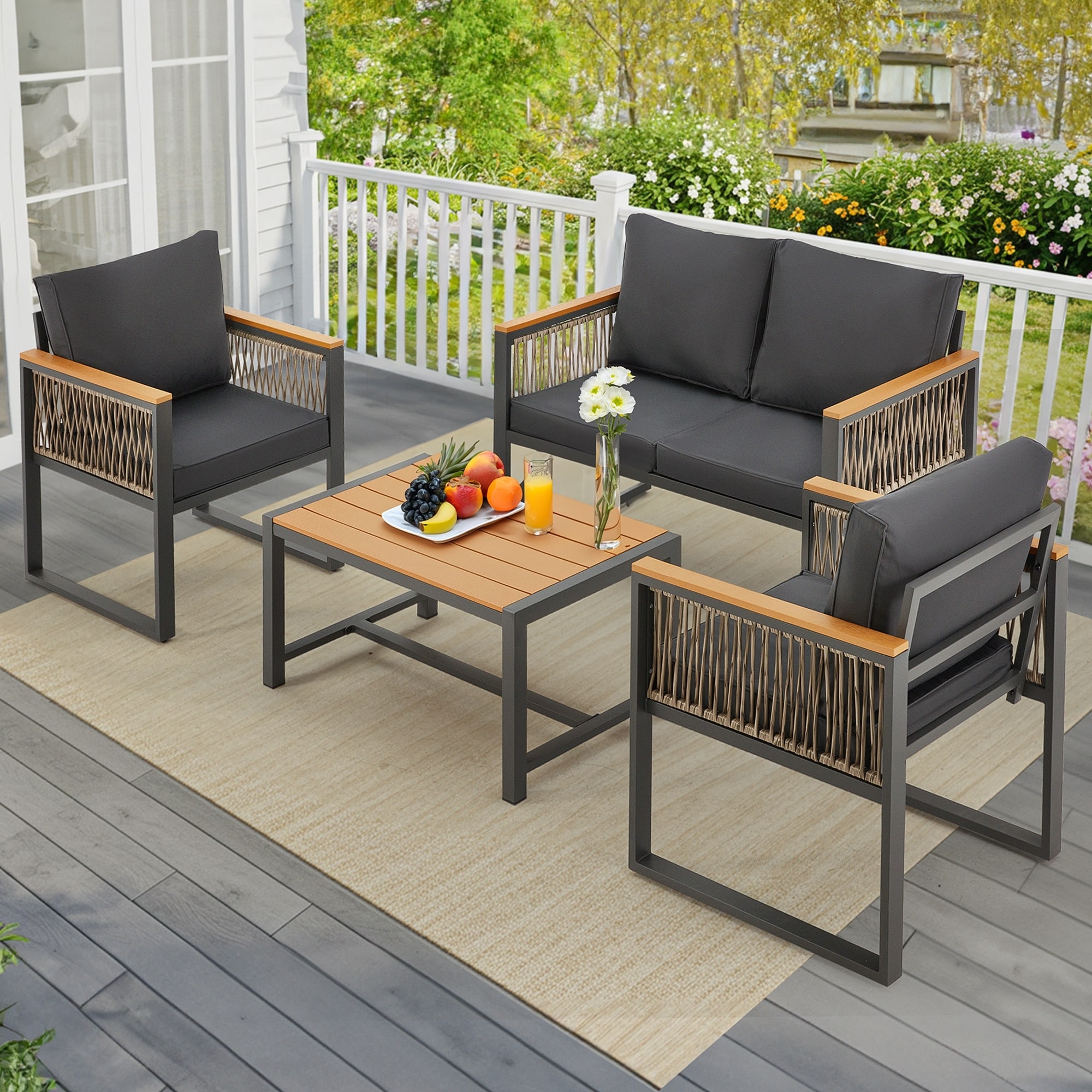 EROMMY 4-Piece All-Weather Outdoor Furniture Set with Removable Cushions, Modern Woven Rattan Patio Conversation Set