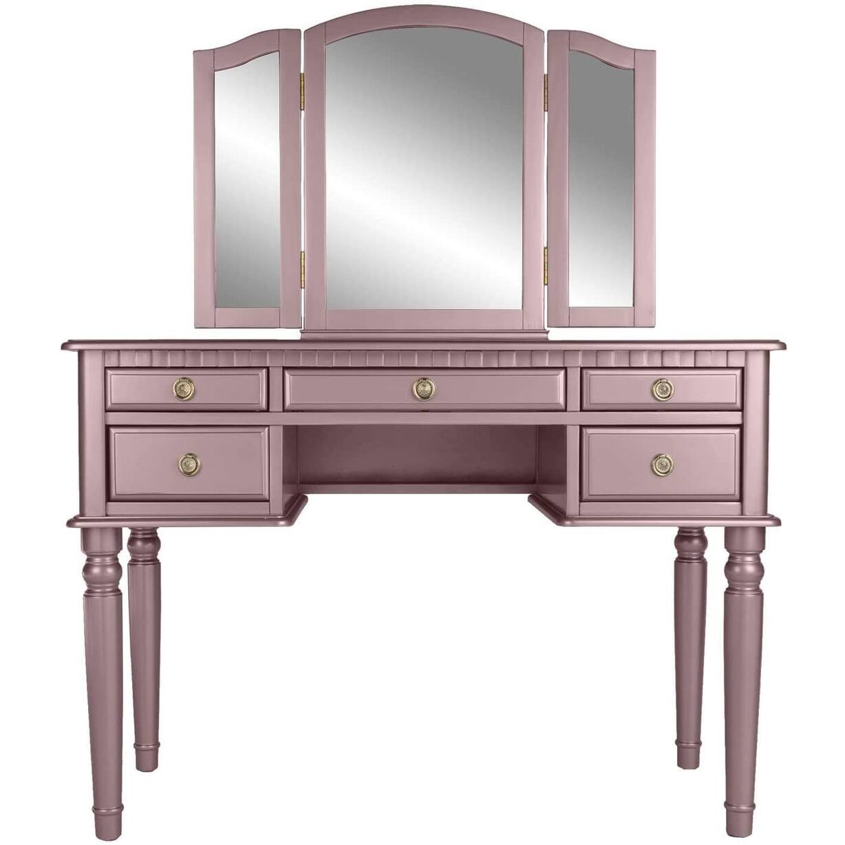 Bedroom Vanity Set with Foldable Mirror Stool Drawers Rose Gold Color ...