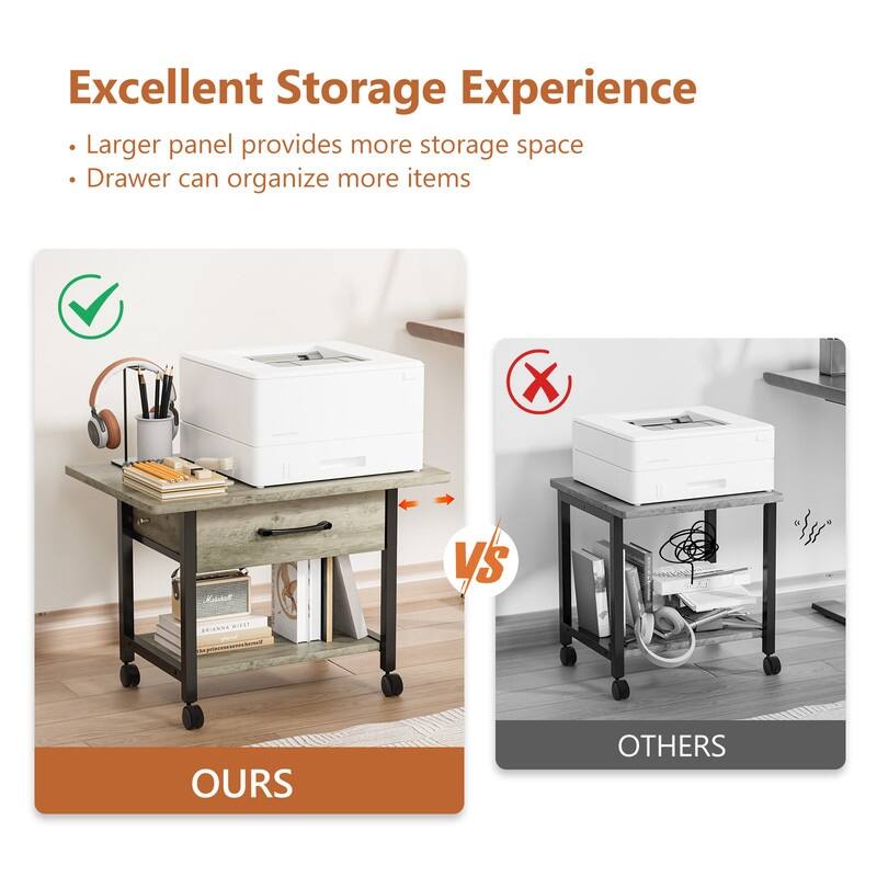 2 Tier Rolling Printer Stand with 1 Drawer Washed Gray P2 Particleboard 22x15x15.6 inches