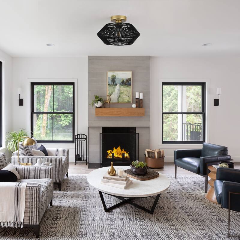 1-Light Farmhouse Style Classic Semi Flush Mount Chandelier, Hand-Woven Semi-Flush Mount Ceiling Light with Drum Shade