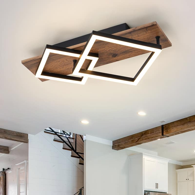 Farmhouse Integrated LED Rectangle Wood Flush Mount Hallway Entryway Light - W18.7"