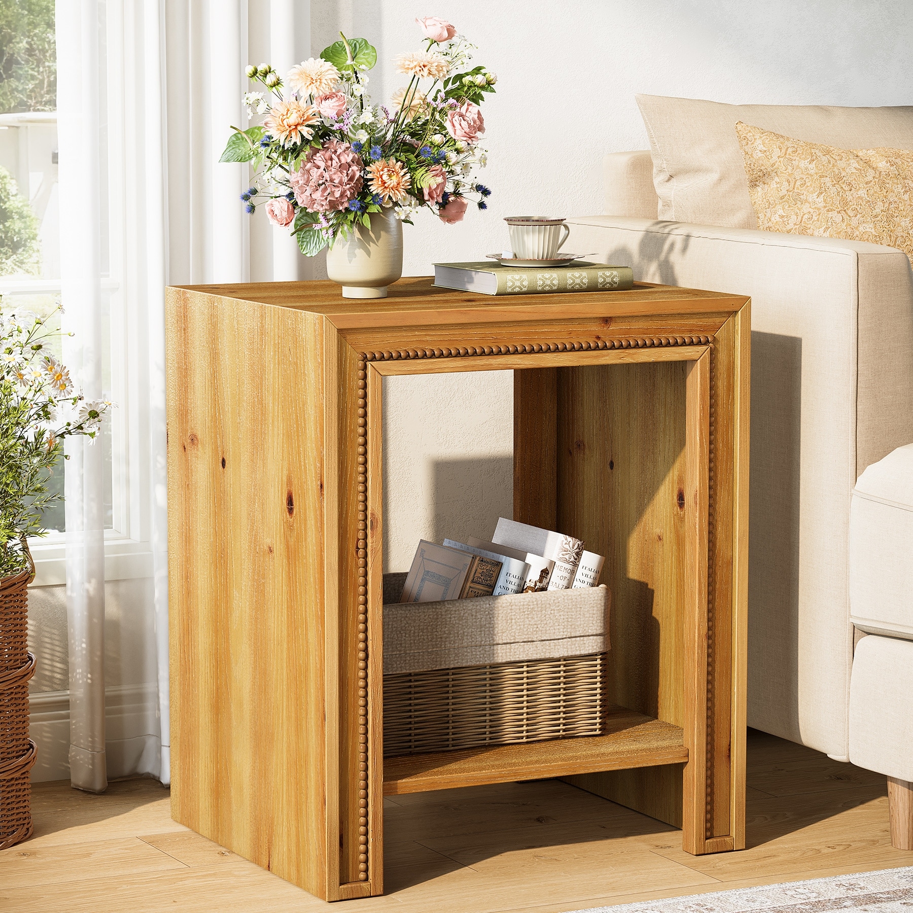 2-Tier Solid Wood End Table with Storage Shelves, Side Table Nightstand for Living Room Bedroom