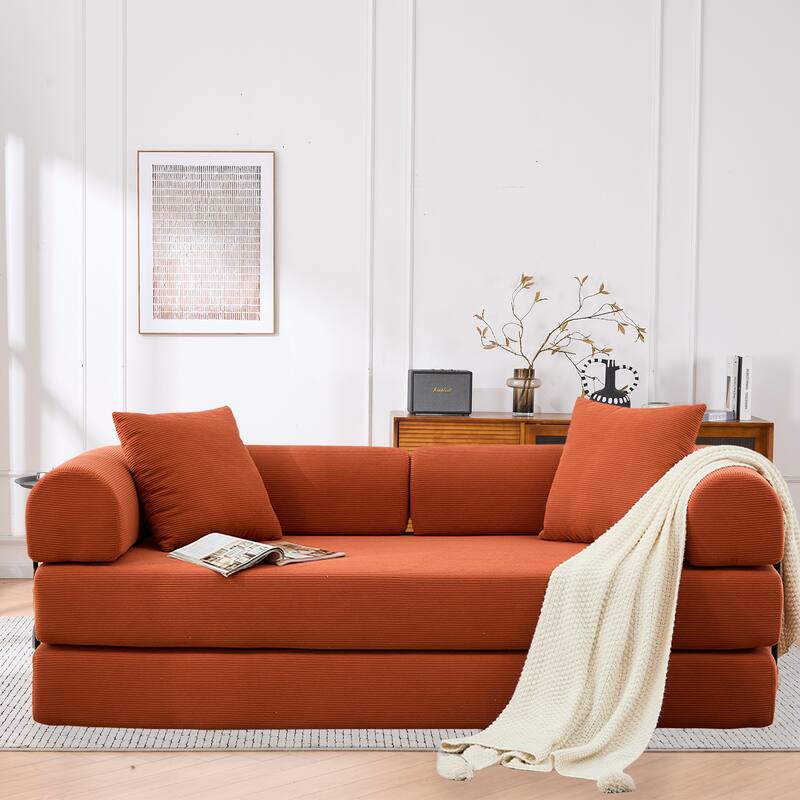 Convertible Sofa Bed, Folding Floor Couch Loveseat with Pillows, Corduroy Multi‑Mode Lounger, Sleeper Mattress - Orange