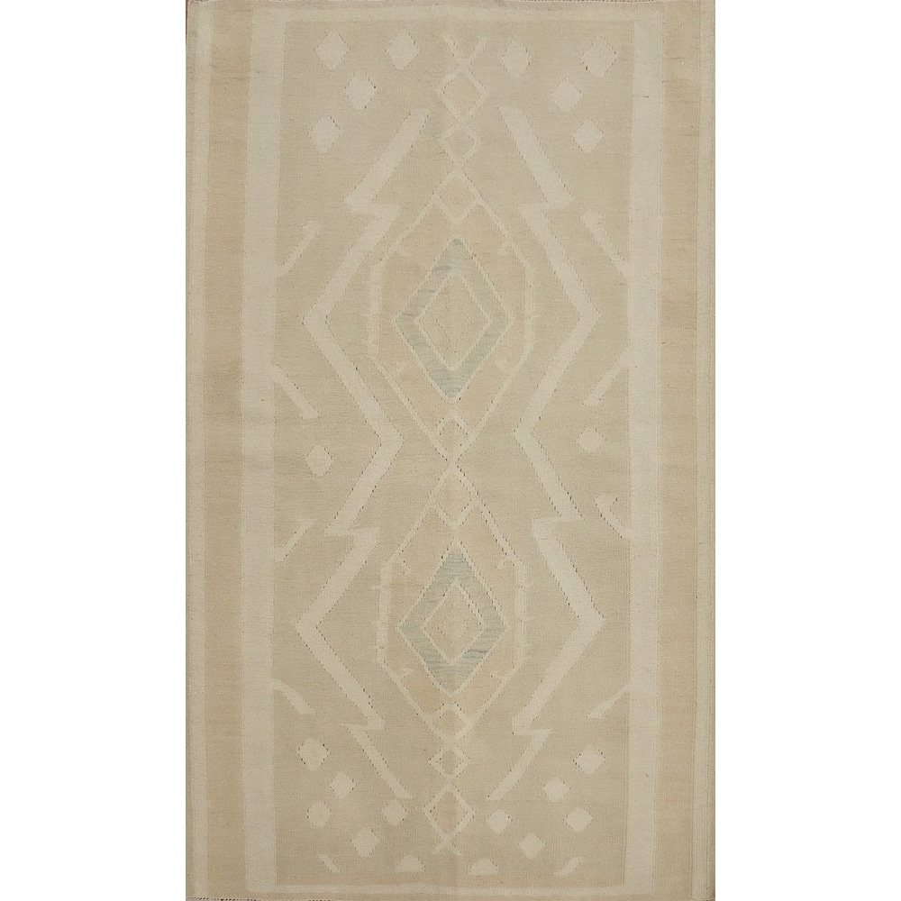Hand Woven Oriental 100% Wool Carpet Southwestern Tribal Beige & Ivories Kilim Area Rug - 5' 10'' X 3' 8''