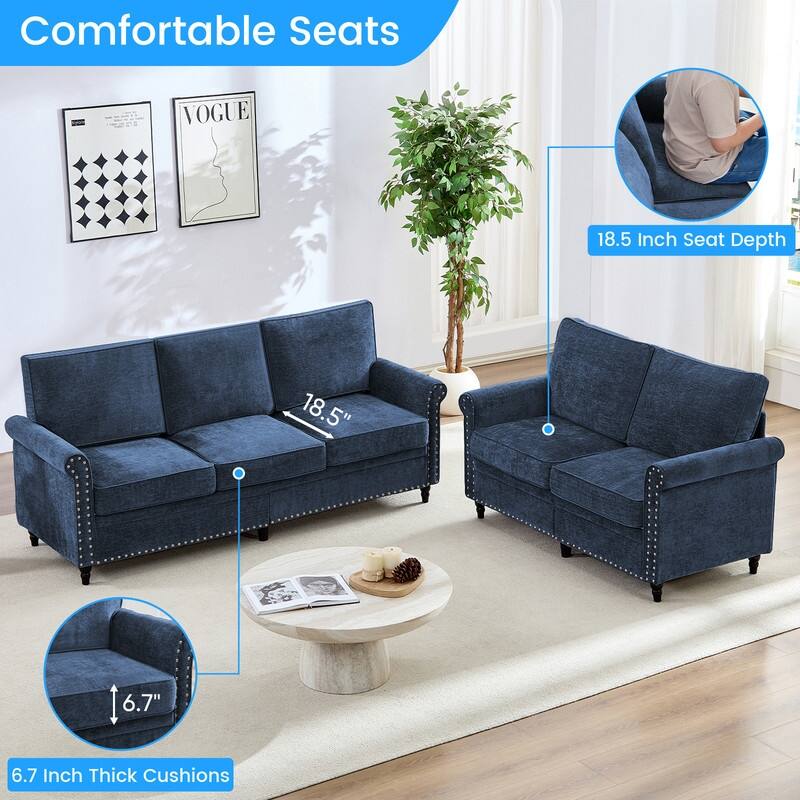 Mixoy 2 Piece Living Room Sofa Set with Riveted Design,Chenille Nailhead W76''3-Seater Sofa Couch with W53''Loveseat Sofa