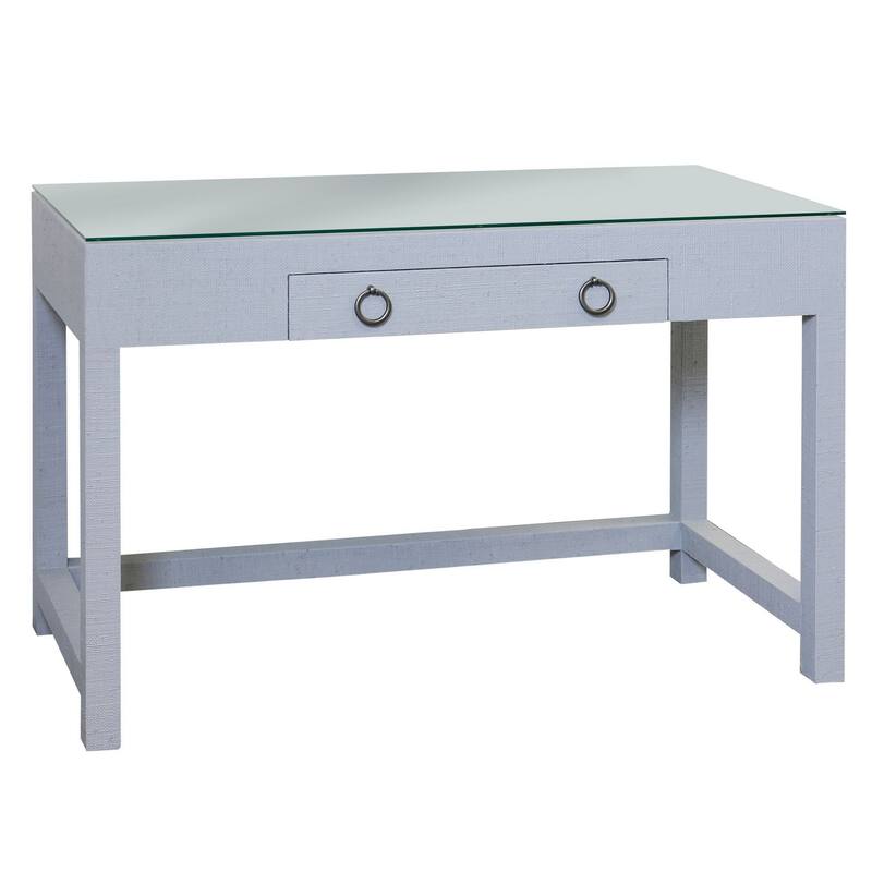 Bay St. Louis - Woven Raffia Desk with Glass Top - Silver Leaf Finish - Shadow Gray