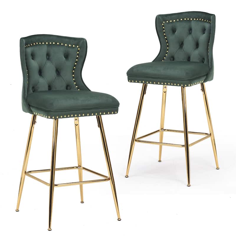 Velvet Bar Stools with Metal Legs, Button Tufted and Nailheads Trim (Set of 2)