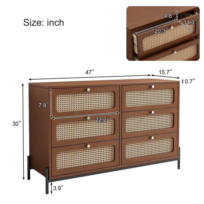 Modern Wood Storage Cabinet with 6 Rattan Drawers for Bedroom, Living Room, Entryway