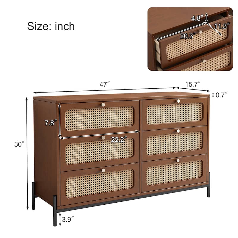 Rattan Dresser for Bedroom with 6 Drawer,Wood Durable Dressers & Chests of Drawers with Metal Legs