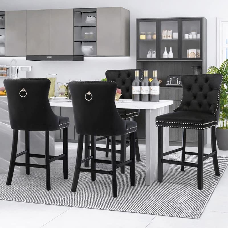 Wing Back Velvet Tufted Nailhead Barstools(Set of 4)