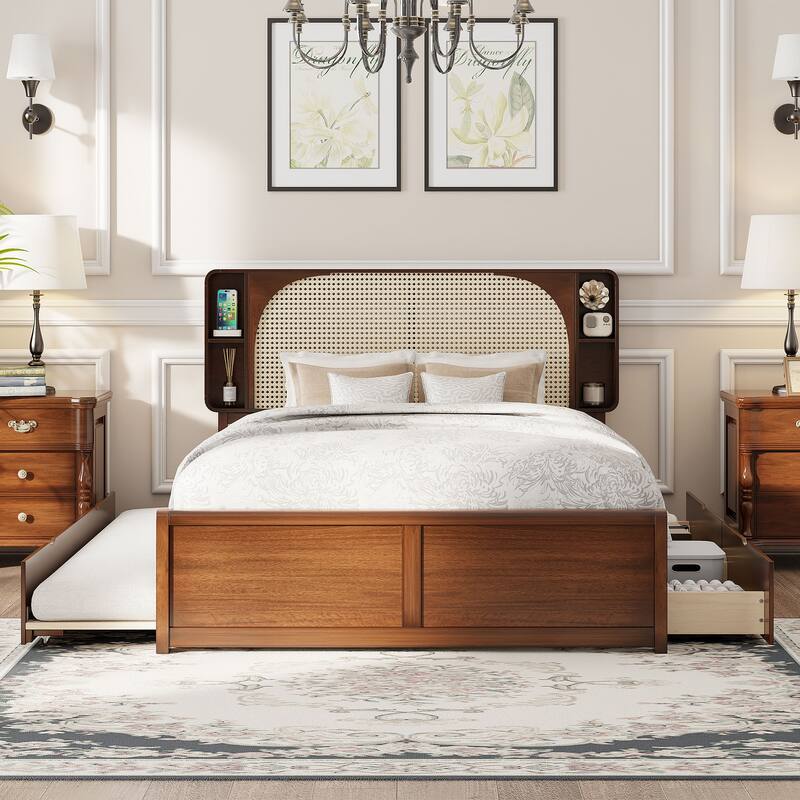 Queen Size Rattan Headboard Bed with Storage Drawers and Trundle in Walnut - Walnut
