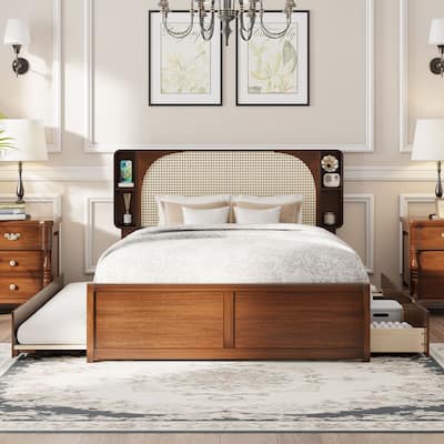 Roomfitters Queen Size Rattan Headboard Bed with Two Drawers and Trundle, Elegant Storage Solution with Stylish Design