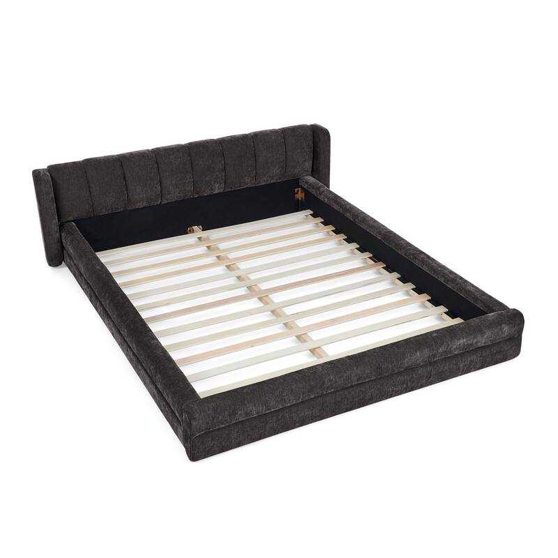 Queen Size Upholstered Platform Bed with Headboard in Dark Grey, Modern Design, Chenille Fabric, Easy Assembly