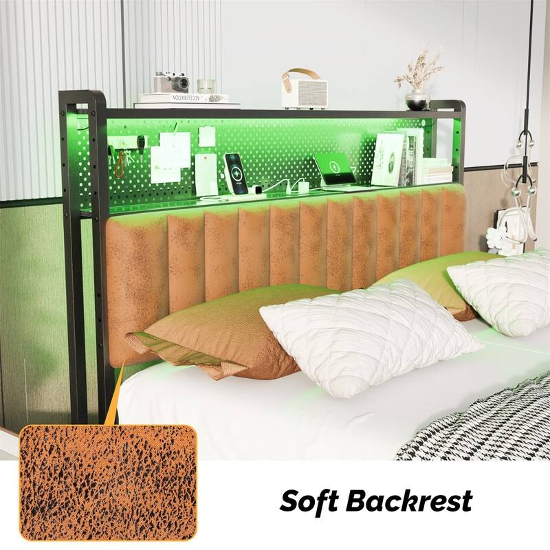 Adjustable Upholstered Headboard with 2 Tier Shelves with Charging Stations and LED Lights, Modern Bed Headboard with Storage