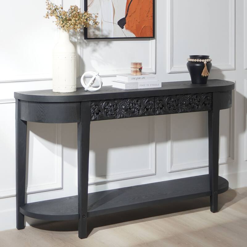 Carved Wooden Console Table with Lower Storage Shelf Tow Drawers